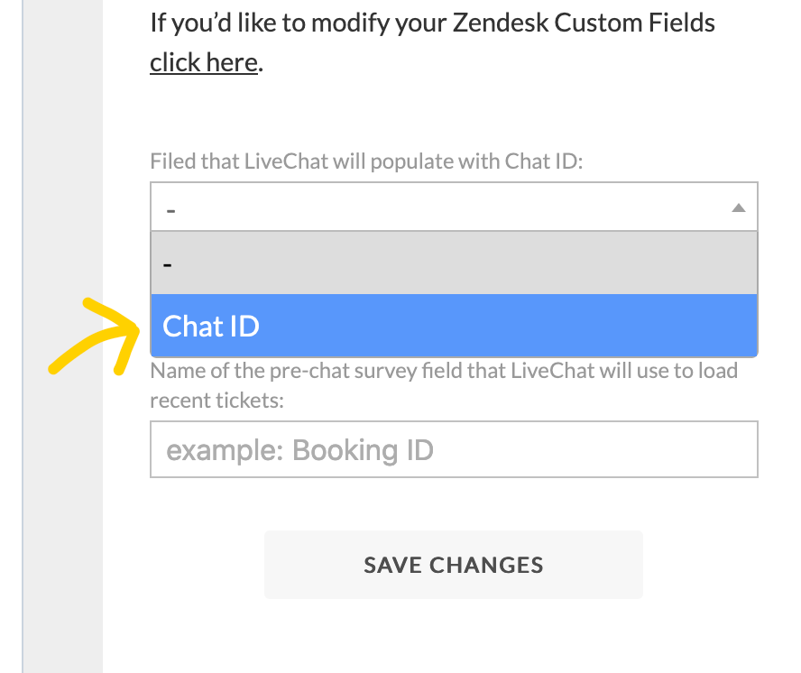 Zendesk LiveChat: choose a filed to which LiveChat will attach chat ID